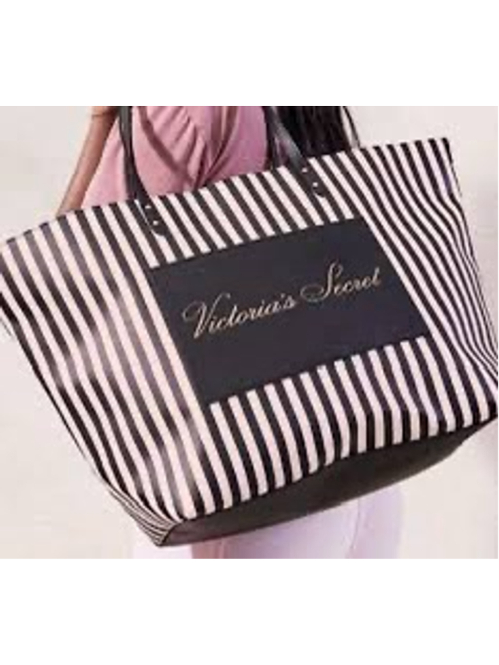Victoria's Secret One Size Black and Pink Striped Carry All Tote Bag NWOT
